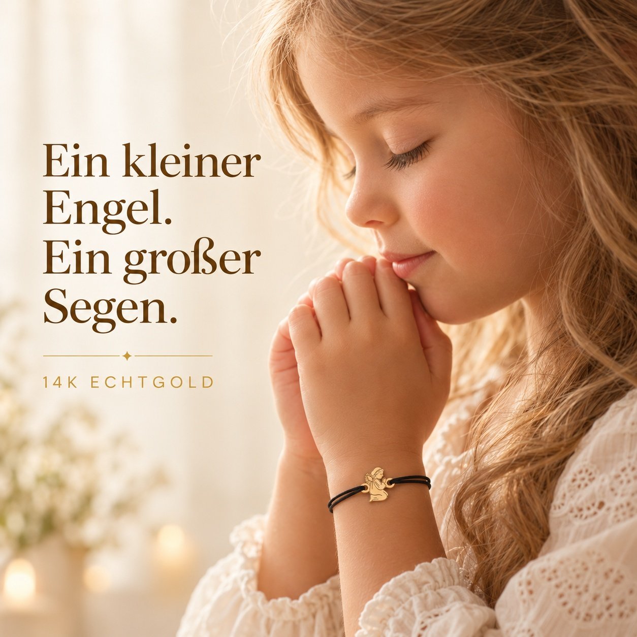 Mädchen betet mit dem misticSparks Schutzengel-Armband mit schwarzer Kordel am Handgelenk