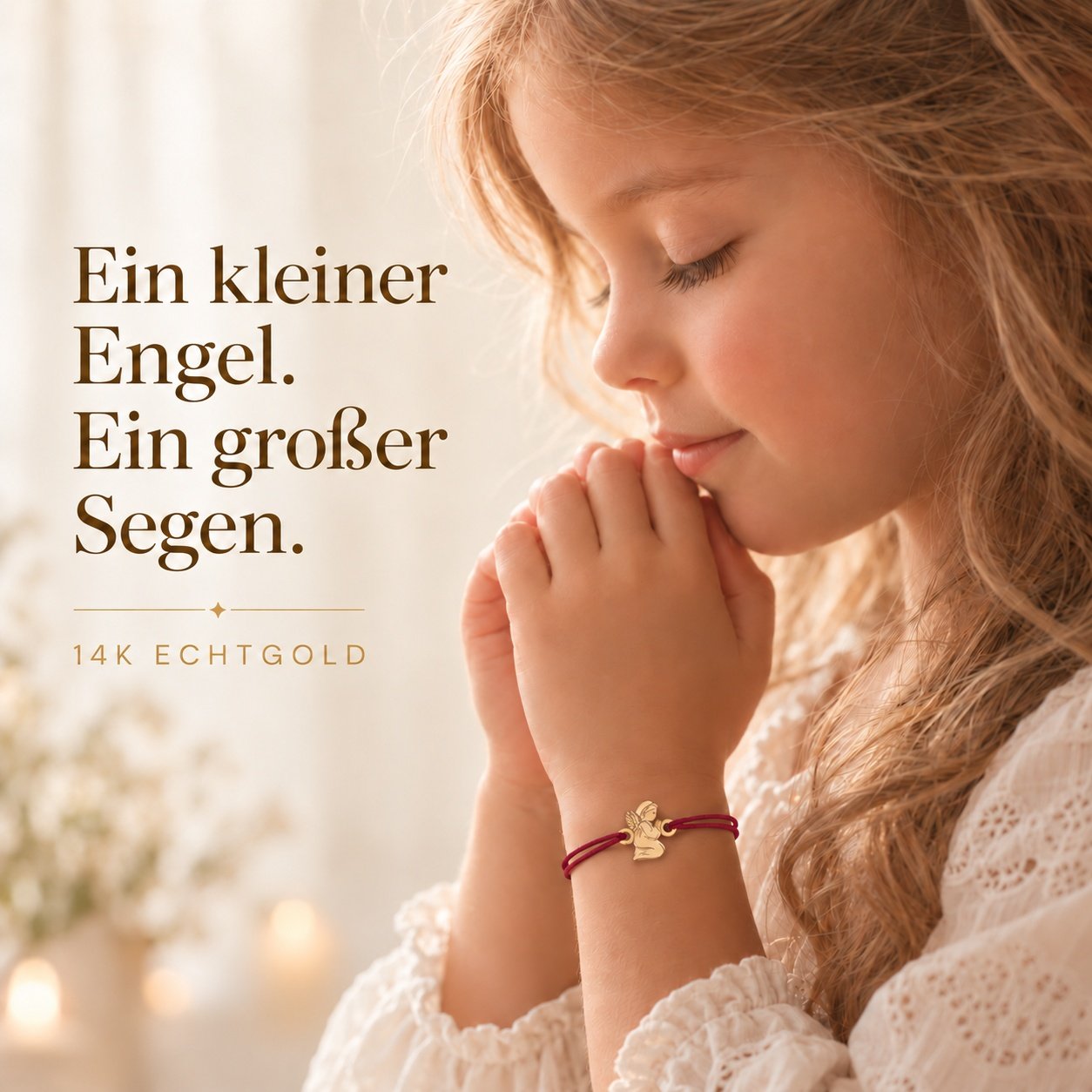 Mädchen betet mit dem misticSparks Schutzengel-Armband mit weinroter Kordel am Handgelenk