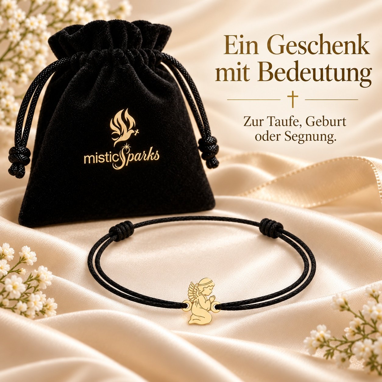 Schutzengel-Armband mit schwarzer Kordel im misticSparks Samtsäckchen, Geschenk zur Taufe und Geburt