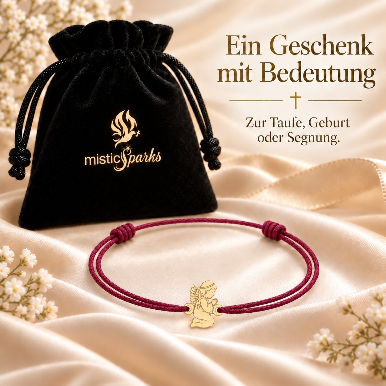 Schutzengel-Armband mit weinroter Kordel im misticSparks Samtsäckchen, Geschenk zur Taufe und Geburt