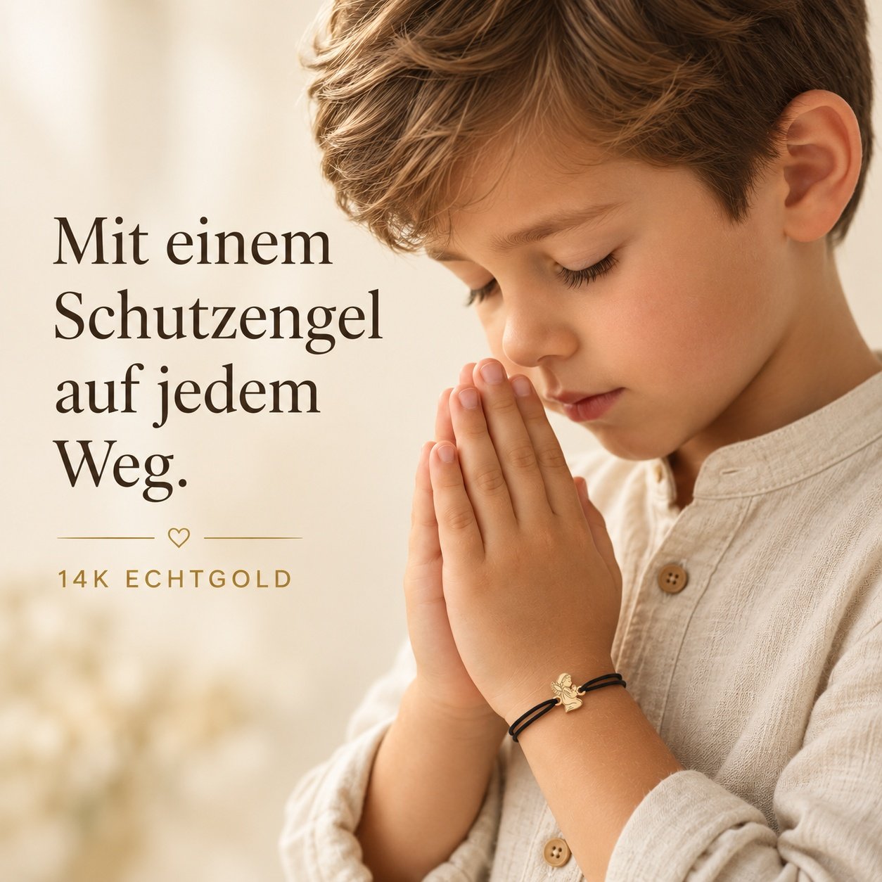 Junge betet mit Schutzengel-Armband aus Echtgold an schwarzer Kordel