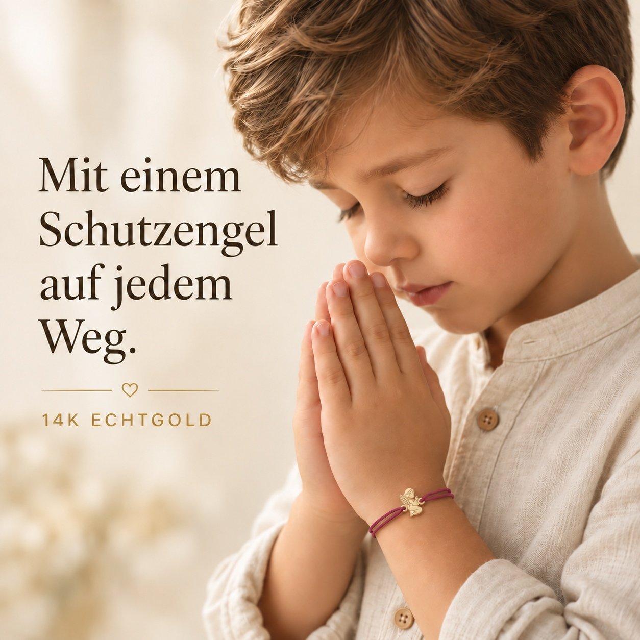 Junge betet mit Schutzengel-Armband aus Echtgold an weinroter Kordel