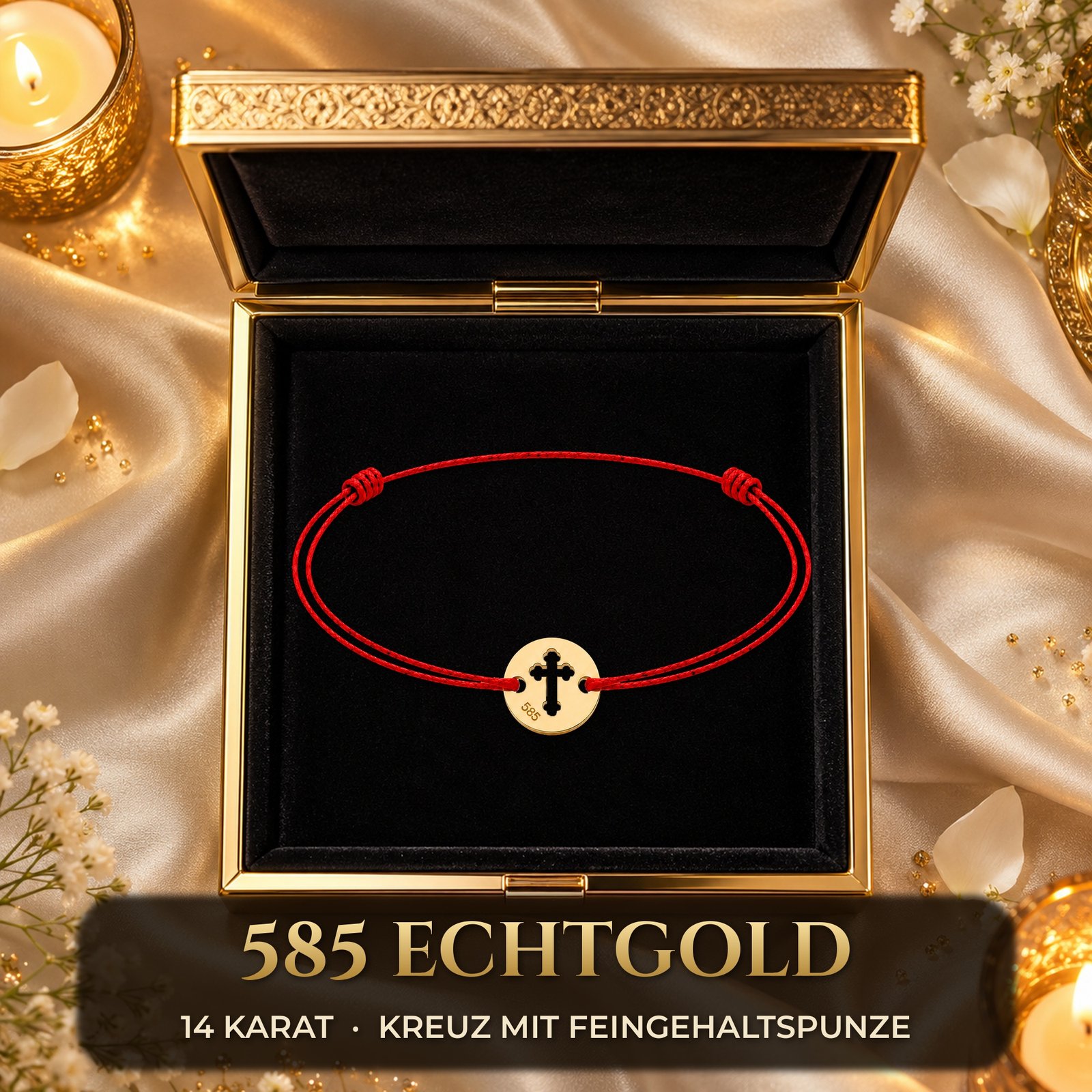 Taufarmband Baby Echtgold mit Kreuz am roten Band – Goldarmband zur Taufe für Mädchen und Jungen 2 Taufarmband Baby Echtgold mit Kreuz in edler Geschenkbox