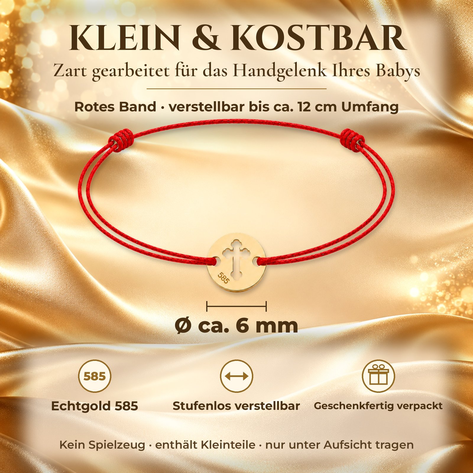 Taufarmband Baby Echtgold mit Kreuz am roten Band – Goldarmband zur Taufe für Mädchen und Jungen 3 Taufarmband Baby rund, klein und kostbar, ca. 6 mm