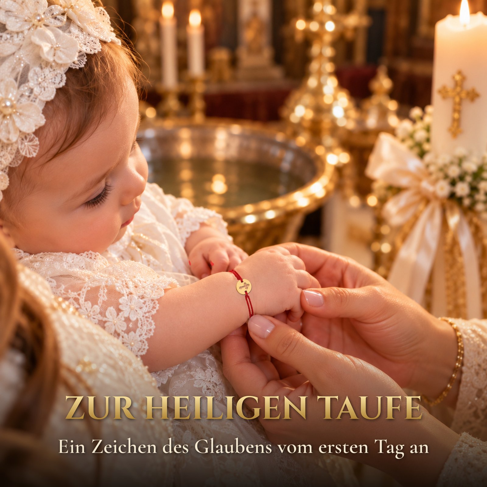 Taufarmband Baby Echtgold mit Kreuz am roten Band – Goldarmband zur Taufe für Mädchen und Jungen 4 Taufarmband Baby mit Kreuz zur heiligen Taufe