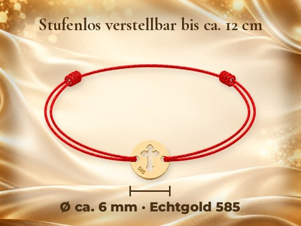 Taufarmband Baby Echtgold mit Kreuz am roten Band – Goldarmband zur Taufe für Mädchen und Jungen 20 Taufarmband rund Echtgold 585 – Stufenlos verstellbar, Plättchen ca. Ø 6 mm aus Echtgold 585