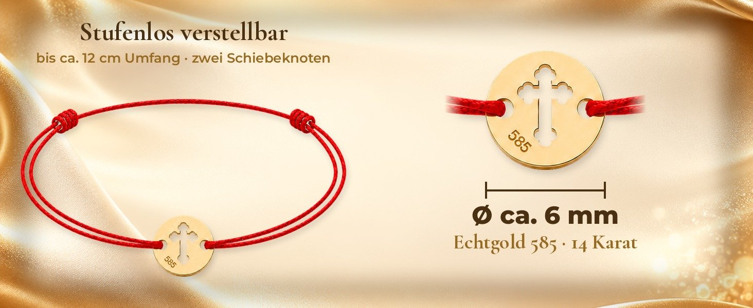 Taufarmband Baby Echtgold mit Kreuz am roten Band – Goldarmband zur Taufe für Mädchen und Jungen 19 Taufarmband rund Echtgold 585 – Stufenlos verstellbar, Plättchen ca. Ø 6 mm aus Echtgold 585