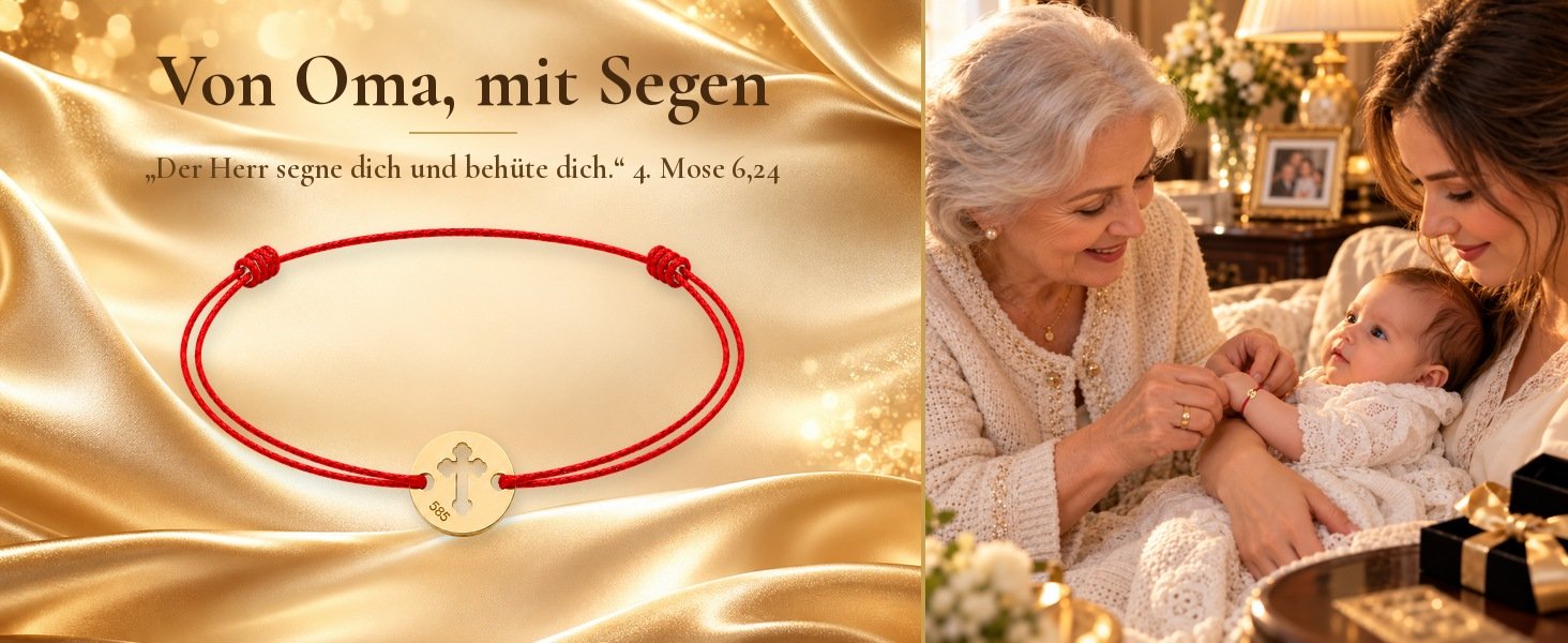 Taufarmband Baby Echtgold mit Kreuz am roten Band – Goldarmband zur Taufe für Mädchen und Jungen 25 Taufarmband rund Echtgold 585 – Von Oma, mit Segen