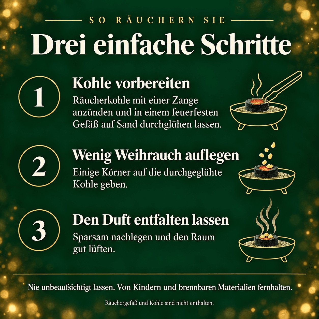Kirchenweihrauch Flieder – blumig und frisch 7 Anleitung in drei Schritten: Räucherkohle vorbereiten, wenig Weihrauch auflegen, den Duft entfalten lassen