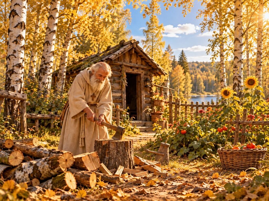 Der heilige Serafim spaltet Holz vor seiner Hütte im herbstlichen Wald