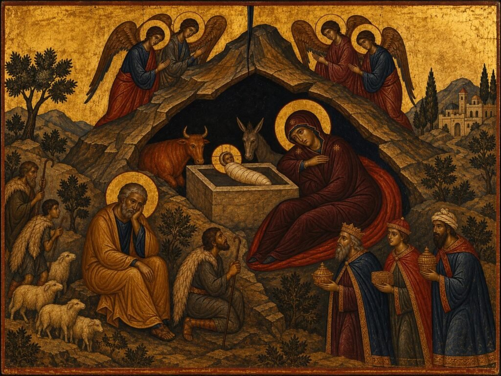 Byzantinische Ikone der Geburt Christi mit dem Kind in der Krippe, Maria, Josef, Engeln und Hirten